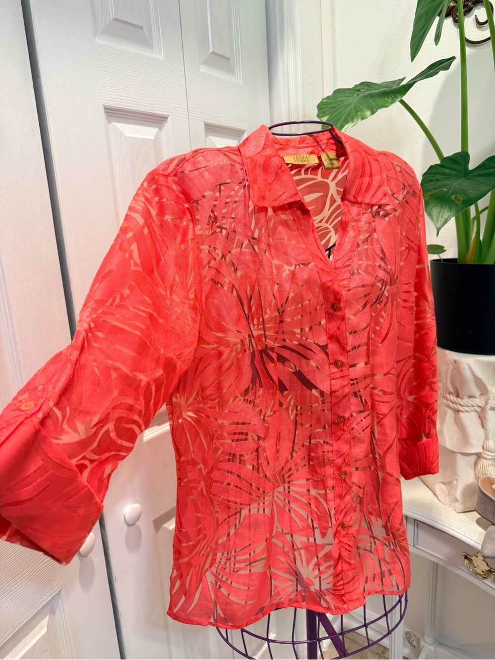 Boho Artsy Botanical Tropical Valerie Stevens Coral Sheer Button-Down Shirt